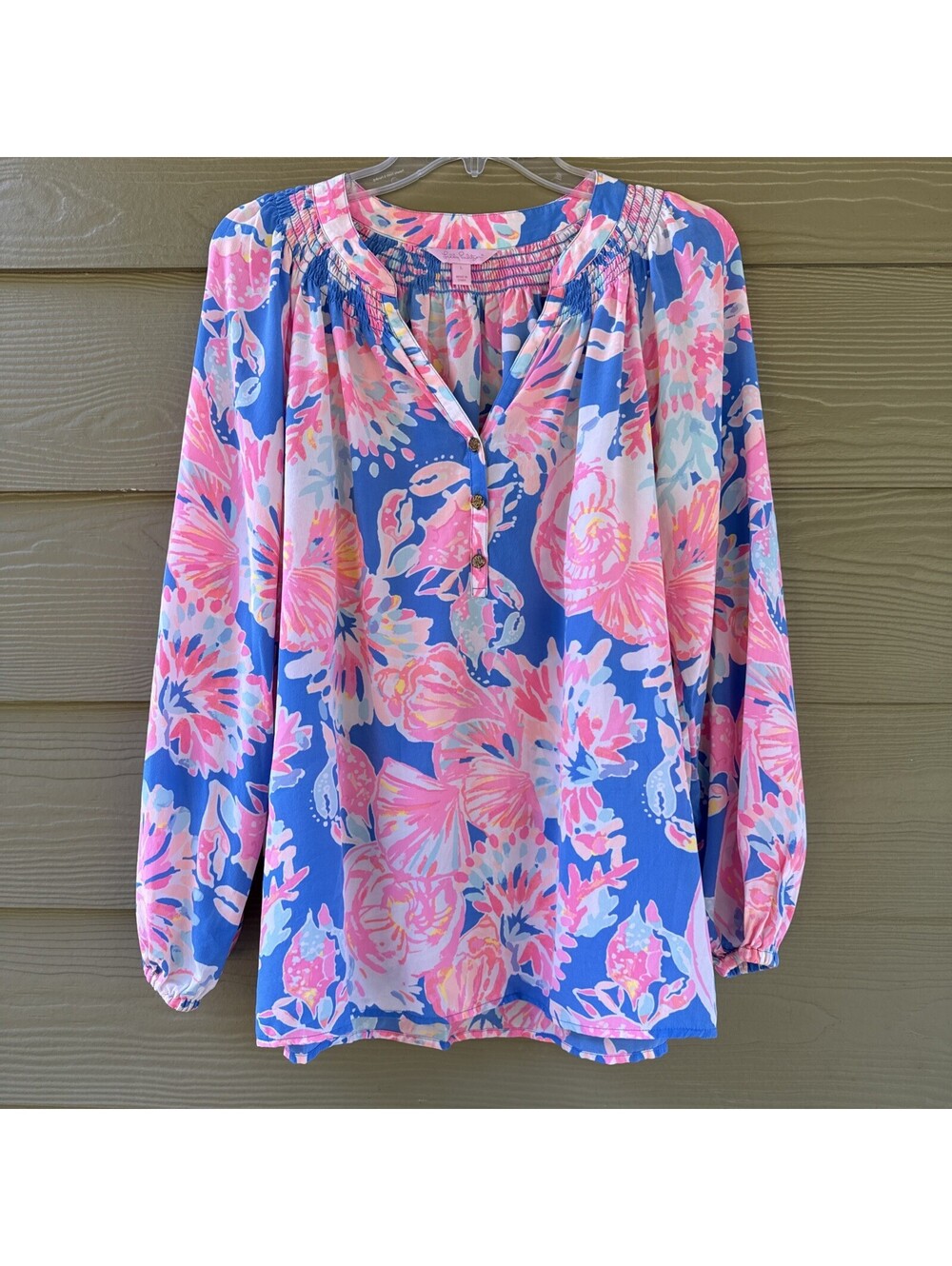 Lilly Pulitzer Elsa Silk Multi Bennett Blue Bay Dreamin Pullover BLouse Size L